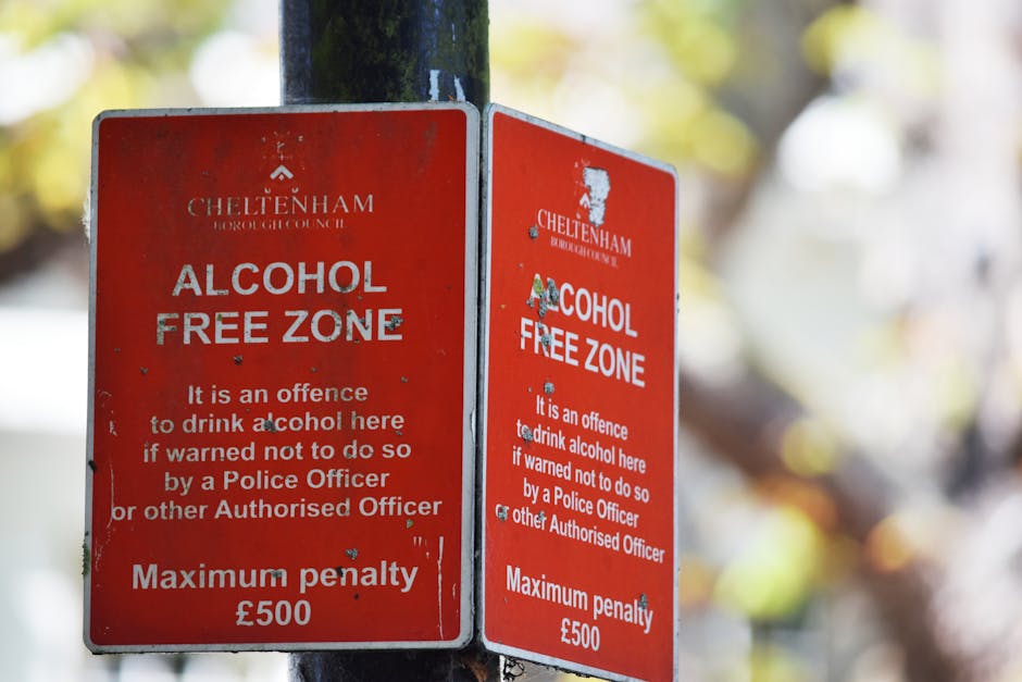 Two red and white Cheltenham Borough Council 'Alcohol Free Zone' signs are mounted on a black metal post outdoors. The signs display the message that drinking alcohol here is an offence if warned by a police officer or authorized officer, with a maximum penalty of £500. The background is blurred but shows autumnal trees with green and yellow leaves, indicating natural lighting conditions. This signage is captured near a residential area or public pavement, relevant to the context of house removals and local regulations related to property surroundings. Occasionally, during the home relocation process, such signage might be visible in the vicinity of properties being moved or delivered to, as part of the local street environment managed by Man with Van Gipsy Hill and associated with Gipsy Hill moving services.